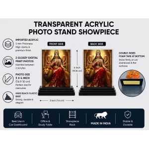 Durga Acrylic Car Dashboard Showpiece | Double-Sided Durga Photo Stand | 3 X 4 Inch Photo | Transparent Acrylic Frame With Black Base | Car Dashboard, Office & Table Decor (F71407)