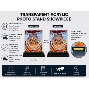 Lord Ganesha Acrylic Car Dashboard Showpiece | Double-Sided Lord Ganesha Photo Stand | 3 X 4 Inch Photo | Transparent Acrylic Frame With Black Base | Car Dashboard, Office & Table Decor (F71417)