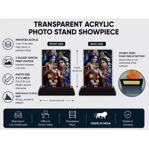 Shree Krishna And Shree Radha Acrylic Car Dashboard Showpiece | Double-Sided Shree Krishna And Shree Radha Photo Stand | 3 X 4 Inch Photo | Transparent Acrylic Frame With Black Base | Car Dashboard, Office & Table Decor (F71425)