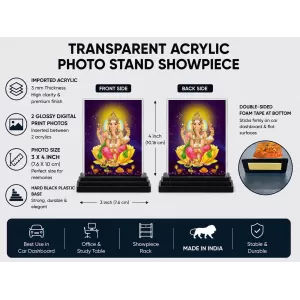 Lord Ganesha Acrylic Car Dashboard Showpiece | Double-Sided Lord Ganesha Photo Stand | 3 X 4 Inch Photo | Transparent Acrylic Frame With Black Base | Car Dashboard, Office & Table Decor (F71426)