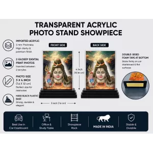 Shiva Acrylic Car Dashboard Showpiece | Double-Sided Shiva Photo Stand | 3 X 4 Inch Photo | Transparent Acrylic Frame With Black Base | Car Dashboard, Office & Table Decor (F71427)