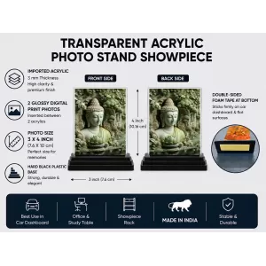 Gautama Buddha Acrylic Car Dashboard Showpiece | Double-Sided Gautama Buddha Photo Stand | 3 X 4 Inch Photo | Transparent Acrylic Frame With Black Base | Car Dashboard, Office & Table Decor (F71430)