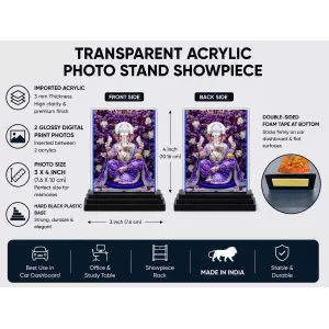 Lord Ganesha Acrylic Car Dashboard Showpiece | Double-Sided Lord Ganesha Photo Stand | 3 X 4 Inch Photo | Transparent Acrylic Frame With Black Base | Car Dashboard, Office & Table Decor (F71435)