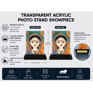 Goddess Durga Acrylic Car Dashboard Showpiece | Double-Sided Goddess Durga Photo Stand | 3 X 4 Inch Photo | Transparent Acrylic Frame With Black Base | Car Dashboard, Office & Table Decor (F71442)