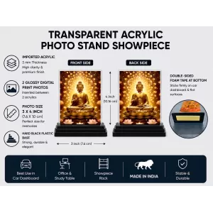 Gautama Buddha Acrylic Car Dashboard Showpiece | Double-Sided Gautama Buddha Photo Stand | 3 X 4 Inch Photo | Transparent Acrylic Frame With Black Base | Car Dashboard, Office & Table Decor (F71446)