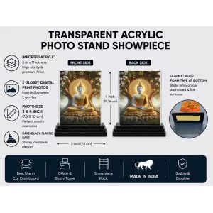Gautama Buddha Acrylic Car Dashboard Showpiece | Double-Sided Gautama Buddha Photo Stand | 3 X 4 Inch Photo | Transparent Acrylic Frame With Black Base | Car Dashboard, Office & Table Decor (F71463)