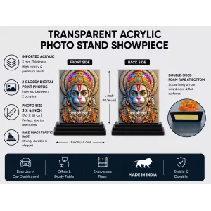 Hanuman Acrylic Car Dashboard Showpiece | Double-Sided Hanuman Photo Stand | 3 X 4 Inch Photo | Transparent Acrylic Frame With Black Base | Car Dashboard, Office & Table Decor (F71464)