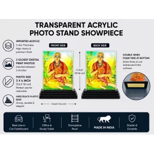 Shree Gouranga Acrylic Car Dashboard Showpiece | Double-Sided Shree Gouranga Photo Stand | 3 X 4 Inch Photo | Transparent Acrylic Frame With Black Base | Car Dashboard, Office & Table Decor (F71471)