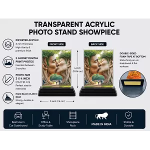 Man And Momen Tree Art Acrylic Car Dashboard Showpiece | Double-Sided Man And Momen Tree Art Photo Stand | 3 X 4 Inch Photo | Transparent Acrylic Frame With Black Base | Car Dashboard, Office & Table Decor (F71472)