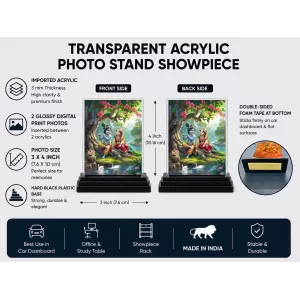 Shree Krishna And Shree Radha Acrylic Car Dashboard Showpiece | Double-Sided Shree Krishna And Shree Radha Photo Stand | 3 X 4 Inch Photo | Transparent Acrylic Frame With Black Base | Car Dashboard, Office & Table Decor (F71473)