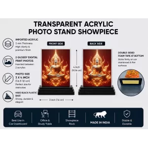 Gautama Buddha Acrylic Car Dashboard Showpiece | Double-Sided Gautama Buddha Photo Stand | 3 X 4 Inch Photo | Transparent Acrylic Frame With Black Base | Car Dashboard, Office & Table Decor (F71475)