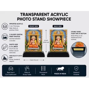 Sai Baba Of Shirdi Acrylic Car Dashboard Showpiece | Double-Sided Sai Baba Of Shirdi Photo Stand | 3 X 4 Inch Photo | Transparent Acrylic Frame With Black Base | Car Dashboard, Office & Table Decor (F71489)