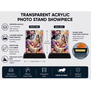 Shree Krishna And Shree Radha Acrylic Car Dashboard Showpiece | Double-Sided Shree Krishna And Shree Radha Photo Stand | 3 X 4 Inch Photo | Transparent Acrylic Frame With Black Base | Car Dashboard, Office & Table Decor (F71533)