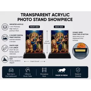 Durga Acrylic Car Dashboard Showpiece | Double-Sided Durga Photo Stand | 3 X 4 Inch Photo | Transparent Acrylic Frame With Black Base | Car Dashboard, Office & Table Decor (F71537)