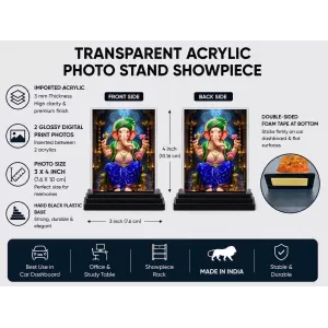 Lord Ganesha Acrylic Car Dashboard Showpiece | Double-Sided Lord Ganesha Photo Stand | 3 X 4 Inch Photo | Transparent Acrylic Frame With Black Base | Car Dashboard, Office & Table Decor (F71541)