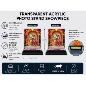Shree Krishna And Shree Radha Acrylic Car Dashboard Showpiece | Double-Sided Shree Krishna And Shree Radha Photo Stand | 3 X 4 Inch Photo | Transparent Acrylic Frame With Black Base | Car Dashboard, Office & Table Decor (F71656)