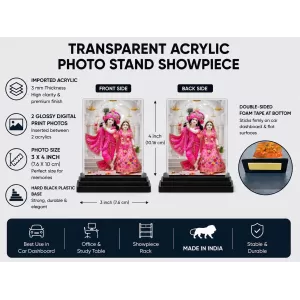 Shree Krishna And Shree Radha Acrylic Car Dashboard Showpiece | Double-Sided Shree Krishna And Shree Radha Photo Stand | 3 X 4 Inch Photo | Transparent Acrylic Frame With Black Base | Car Dashboard, Office & Table Decor (F71669)