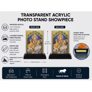 Goddess Saraswati Acrylic Car Dashboard Showpiece | Double-Sided Goddess Saraswati Photo Stand | 3 X 4 Inch Photo | Transparent Acrylic Frame With Black Base | Car Dashboard, Office & Table Decor (F71674)