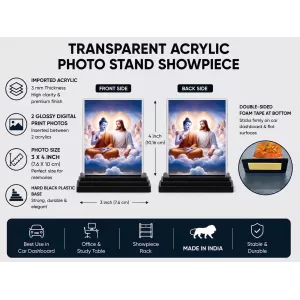 Gautama Buddha And Jesus Christ Acrylic Car Dashboard Showpiece | Double-Sided Gautama Buddha And Jesus Christ Photo Stand | 3 X 4 Inch Photo | Transparent Acrylic Frame With Black Base | Car Dashboard, Office & Table Decor (F71689)