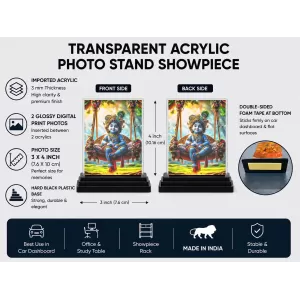 Krishna Acrylic Car Dashboard Showpiece | Double-Sided Krishna Photo Stand | 3 X 4 Inch Photo | Transparent Acrylic Frame With Black Base | Car Dashboard, Office & Table Decor (F71691)
