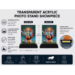 Goddess Kali Acrylic Car Dashboard Showpiece | Double-Sided Goddess Kali Photo Stand | 3 X 4 Inch Photo | Transparent Acrylic Frame With Black Base | Car Dashboard, Office & Table Decor (F71697)