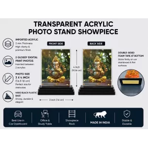 Lord Ganesha Acrylic Car Dashboard Showpiece | Double-Sided Lord Ganesha Photo Stand | 3 X 4 Inch Photo | Transparent Acrylic Frame With Black Base | Car Dashboard, Office & Table Decor (F71700)
