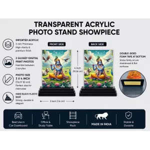 Shree Krishna Acrylic Car Dashboard Showpiece | Double-Sided Shree Krishna Photo Stand | 3 X 4 Inch Photo | Transparent Acrylic Frame With Black Base | Car Dashboard, Office & Table Decor (F71709)