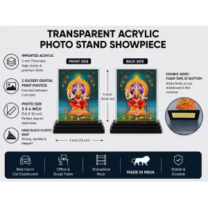 Goddess Durga Acrylic Car Dashboard Showpiece | Double-Sided Goddess Durga Photo Stand | 3 X 4 Inch Photo | Transparent Acrylic Frame With Black Base | Car Dashboard, Office & Table Decor (F71712)