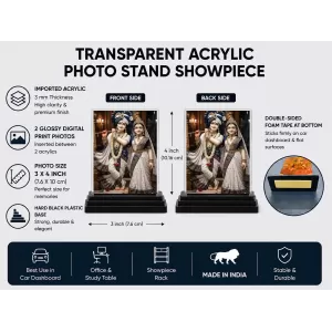 Radha Shree Krishna Acrylic Car Dashboard Showpiece | Double-Sided Radha Shree Krishna Photo Stand | 3 X 4 Inch Photo | Transparent Acrylic Frame With Black Base | Car Dashboard, Office & Table Decor (F71719)