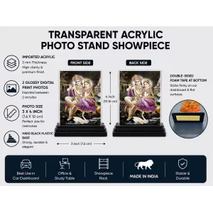 Shree Krishna And Shree Radha Acrylic Car Dashboard Showpiece | Double-Sided Shree Krishna And Shree Radha Photo Stand | 3 X 4 Inch Photo | Transparent Acrylic Frame With Black Base | Car Dashboard, Office & Table Decor (F71725)
