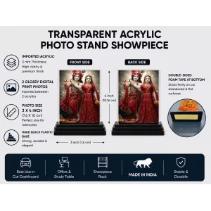 Radha Krishna Acrylic Car Dashboard Showpiece | Double-Sided Radha Krishna Photo Stand | 3 X 4 Inch Photo | Transparent Acrylic Frame With Black Base | Car Dashboard, Office & Table Decor (F71730)