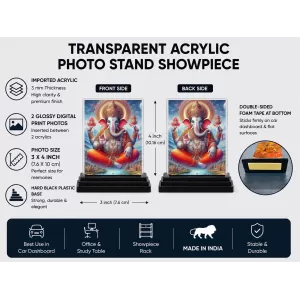 Ganesha Acrylic Car Dashboard Showpiece | Double-Sided Ganesha Photo Stand | 3 X 4 Inch Photo | Transparent Acrylic Frame With Black Base | Car Dashboard, Office & Table Decor (F71736)