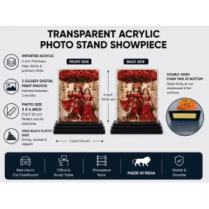Shree Krishna And Shree Radha Acrylic Car Dashboard Showpiece | Double-Sided Shree Krishna And Shree Radha Photo Stand | 3 X 4 Inch Photo | Transparent Acrylic Frame With Black Base | Car Dashboard, Office & Table Decor (F71738)