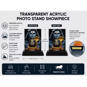 Shiva Acrylic Car Dashboard Showpiece | Double-Sided Shiva Photo Stand | 3 X 4 Inch Photo | Transparent Acrylic Frame With Black Base | Car Dashboard, Office & Table Decor (F71739)