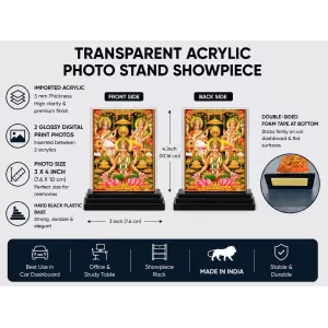 Lord Ganesha Acrylic Car Dashboard Showpiece | Double-Sided Lord Ganesha Photo Stand | 3 X 4 Inch Photo | Transparent Acrylic Frame With Black Base | Car Dashboard, Office & Table Decor (F71747)