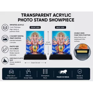 Lord Ganesha Acrylic Car Dashboard Showpiece | Double-Sided Lord Ganesha Photo Stand | 3 X 4 Inch Photo | Transparent Acrylic Frame With Black Base | Car Dashboard, Office & Table Decor (F71749)