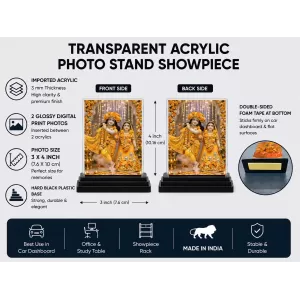 Shree Krishna And Shree Radha Acrylic Car Dashboard Showpiece | Double-Sided Shree Krishna And Shree Radha Photo Stand | 3 X 4 Inch Photo | Transparent Acrylic Frame With Black Base | Car Dashboard, Office & Table Decor (F71756)