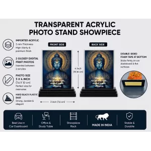 Buddha Acrylic Car Dashboard Showpiece | Double-Sided Buddha Photo Stand | 3 X 4 Inch Photo | Transparent Acrylic Frame With Black Base | Car Dashboard, Office & Table Decor (F71759) Buddha Acrylic Car Dashboard Showpiece | Double-Sided Buddha Photo Stand | 3 X 4 Inch Photo | Transparent Acrylic Frame With Black Base | Car Dashboard, Office & Table Decor (F71759)