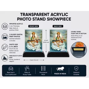 Goddess Saraswati Acrylic Car Dashboard Showpiece | Double-Sided Goddess Saraswati Photo Stand | 3 X 4 Inch Photo | Transparent Acrylic Frame With Black Base | Car Dashboard, Office & Table Decor (F71760)