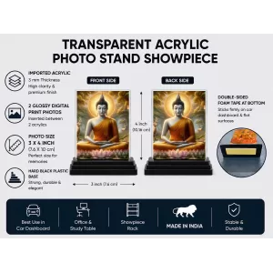 Gautama Buddha Acrylic Car Dashboard Showpiece | Double-Sided Gautama Buddha Photo Stand | 3 X 4 Inch Photo | Transparent Acrylic Frame With Black Base | Car Dashboard, Office & Table Decor (F71765)
