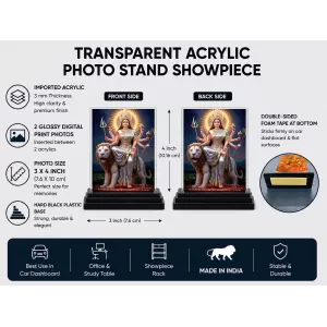 Durga Acrylic Car Dashboard Showpiece | Double-Sided Durga Photo Stand | 3 X 4 Inch Photo | Transparent Acrylic Frame With Black Base | Car Dashboard, Office & Table Decor (F71770)