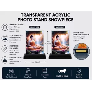 Buddha Acrylic Car Dashboard Showpiece | Double-Sided Buddha Photo Stand | 3 X 4 Inch Photo | Transparent Acrylic Frame With Black Base | Car Dashboard, Office & Table Decor (F71775) Buddha Acrylic Car Dashboard Showpiece | Double-Sided Buddha Photo Stand | 3 X 4 Inch Photo | Transparent Acrylic Frame With Black Base | Car Dashboard, Office & Table Decor (F71775)