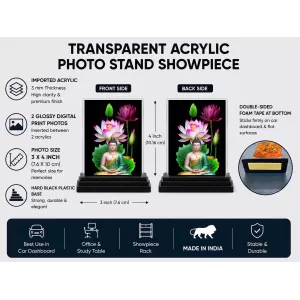 Buddha Acrylic Car Dashboard Showpiece | Double-Sided Buddha Photo Stand | 3 X 4 Inch Photo | Transparent Acrylic Frame With Black Base | Car Dashboard, Office & Table Decor (F71776) Buddha Acrylic Car Dashboard Showpiece | Double-Sided Buddha Photo Stand | 3 X 4 Inch Photo | Transparent Acrylic Frame With Black Base | Car Dashboard, Office & Table Decor (F71776)