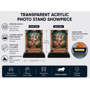 Shree Krishna Acrylic Car Dashboard Showpiece | Double-Sided Shree Krishna Photo Stand | 3 X 4 Inch Photo | Transparent Acrylic Frame With Black Base | Car Dashboard, Office & Table Decor (F71780)