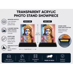 Radha Krishna Acrylic Car Dashboard Showpiece | Double-Sided Radha Krishna Photo Stand | 3 X 4 Inch Photo | Transparent Acrylic Frame With Black Base | Car Dashboard, Office & Table Decor (F71789)