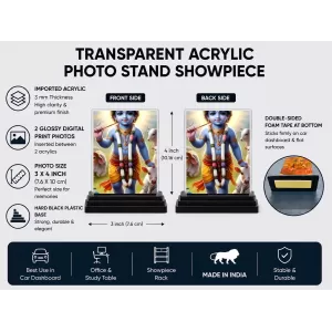 Krishna Acrylic Car Dashboard Showpiece | Double-Sided Krishna Photo Stand | 3 X 4 Inch Photo | Transparent Acrylic Frame With Black Base | Car Dashboard, Office & Table Decor (F71791)