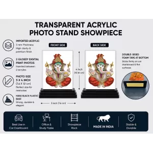 Lord Ganesha Acrylic Car Dashboard Showpiece | Double-Sided Lord Ganesha Photo Stand | 3 X 4 Inch Photo | Transparent Acrylic Frame With Black Base | Car Dashboard, Office & Table Decor (F71795)