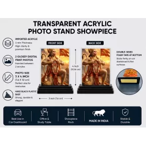Hanuman Acrylic Car Dashboard Showpiece | Double-Sided Hanuman Photo Stand | 3 X 4 Inch Photo | Transparent Acrylic Frame With Black Base | Car Dashboard, Office & Table Decor (F72106)