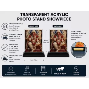 Ganesha Acrylic Car Dashboard Showpiece | Double-Sided Ganesha Photo Stand | 3 X 4 Inch Photo | Transparent Acrylic Frame With Black Base | Car Dashboard, Office & Table Decor (F72133)