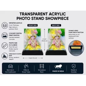 Krishna Acrylic Car Dashboard Showpiece | Double-Sided Krishna Photo Stand | 3 X 4 Inch Photo | Transparent Acrylic Frame With Black Base | Car Dashboard, Office & Table Decor (F72135)